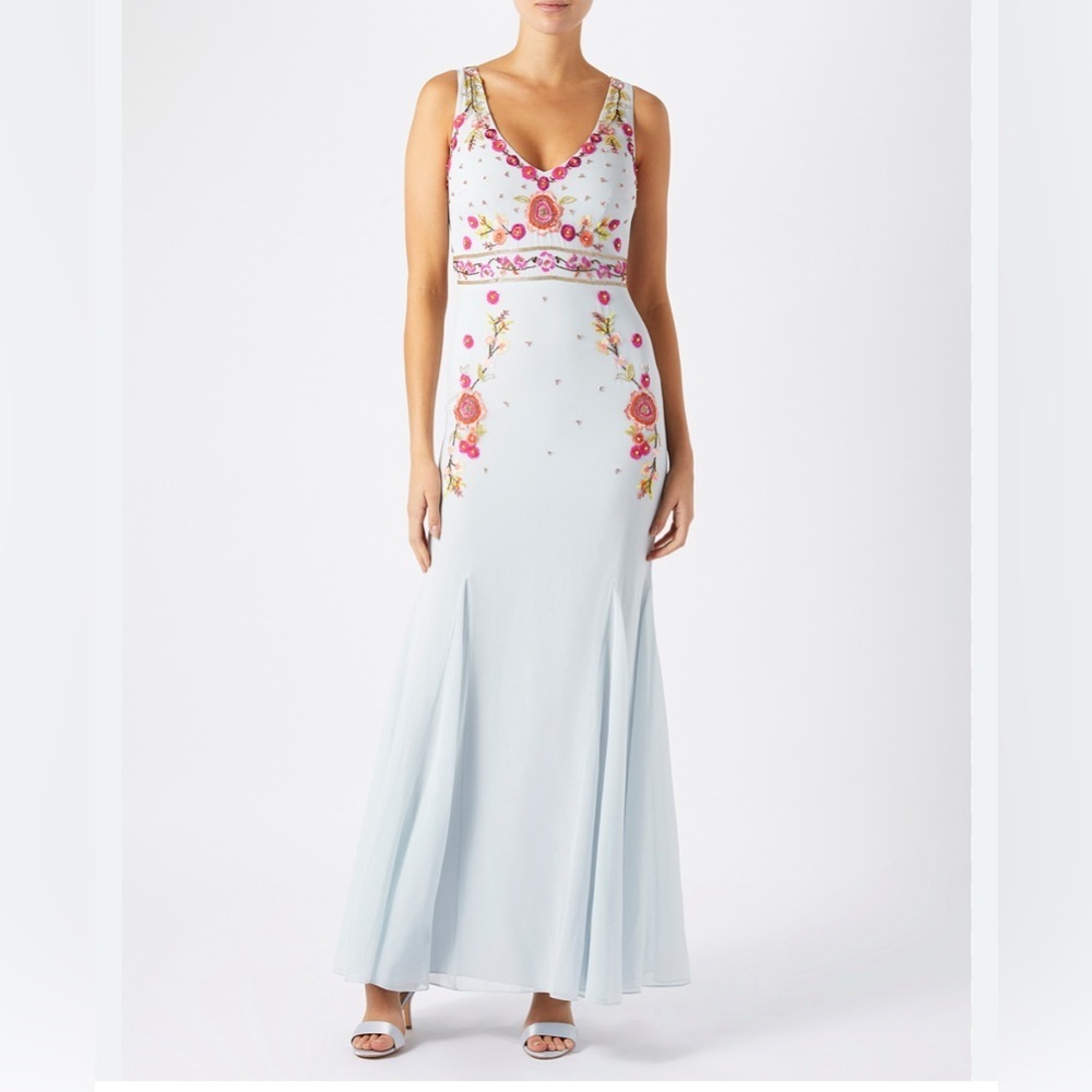 Monsoon Beaded Maxi Dress Light Blue Sz 4 Formal Cocktail